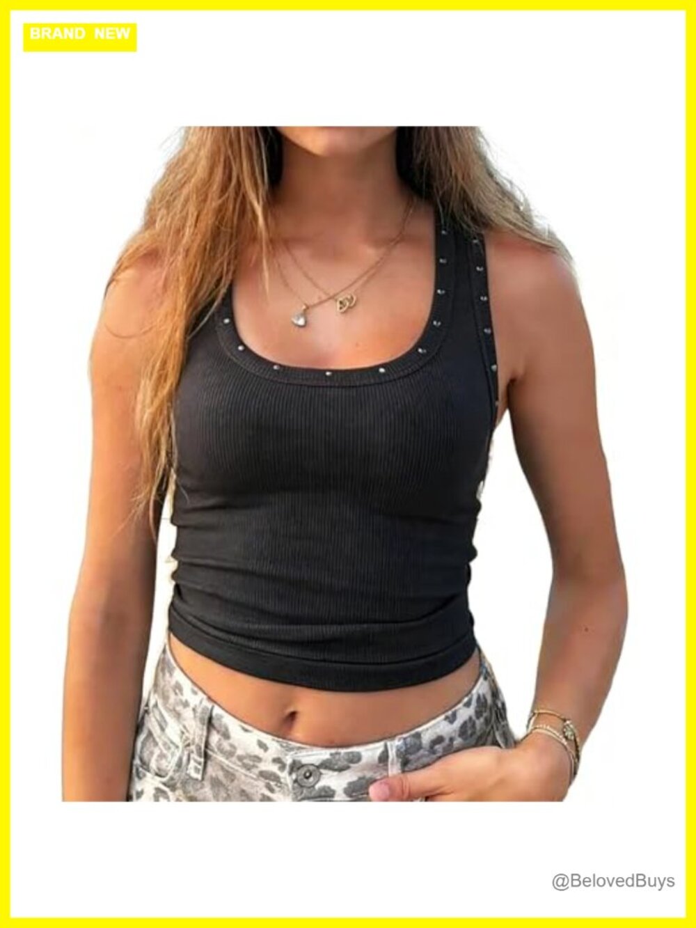 Ribbed Rivet Tank Top Grunge Sleeveless Fitted Crop Camisole